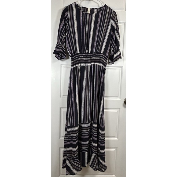 Flamingo Dresses & Skirts - Flamingo Size S Black/White/Purple Striped V-Neck A-Line Short Sleeve Midi Dress